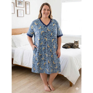 Dreams & Co. Nightgown Moon Star Celestial Blue V-Neck 1X/2X